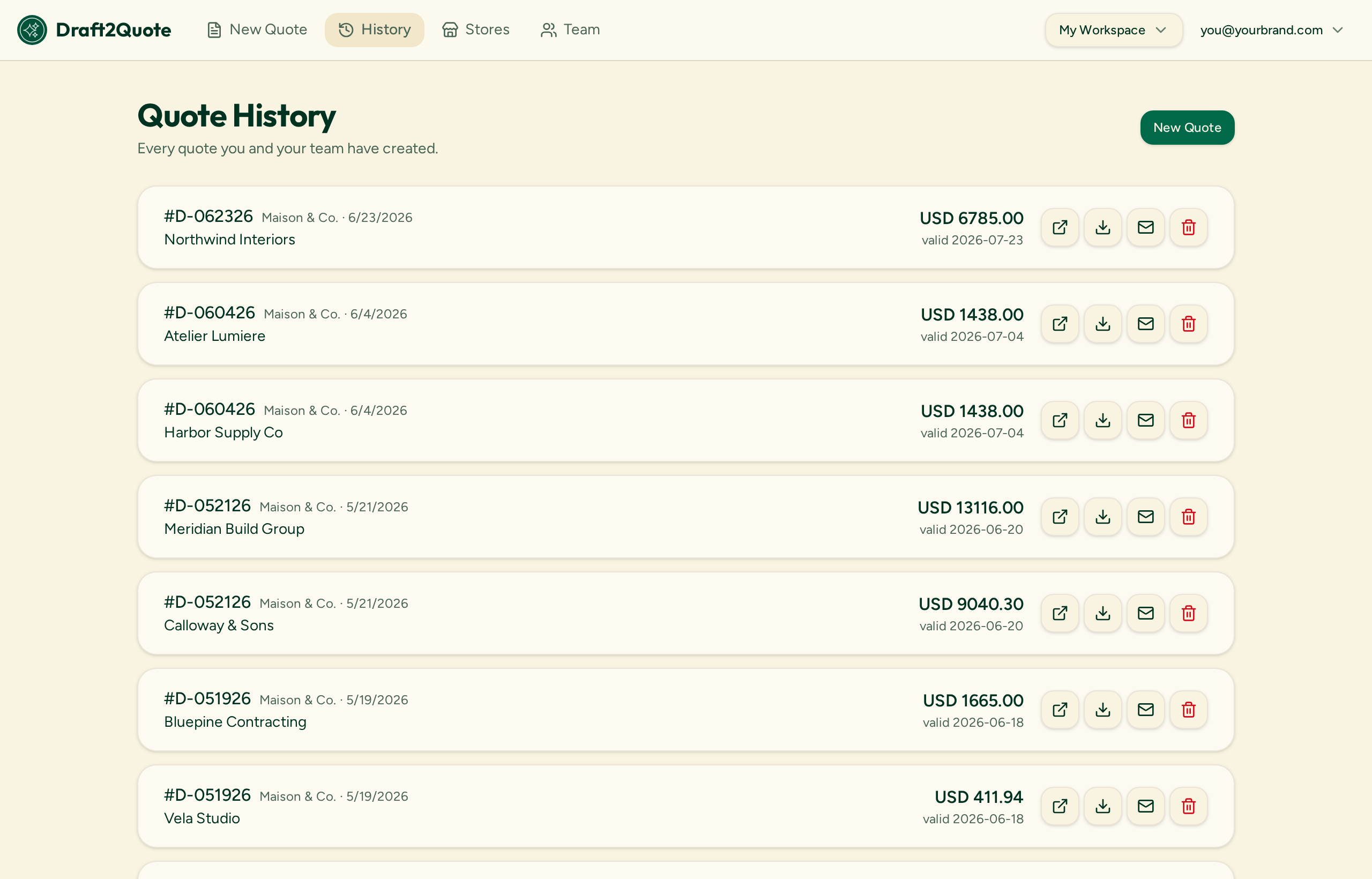 Quote History screen listing saved quotes with totals, validity dates and download, email and delete actions