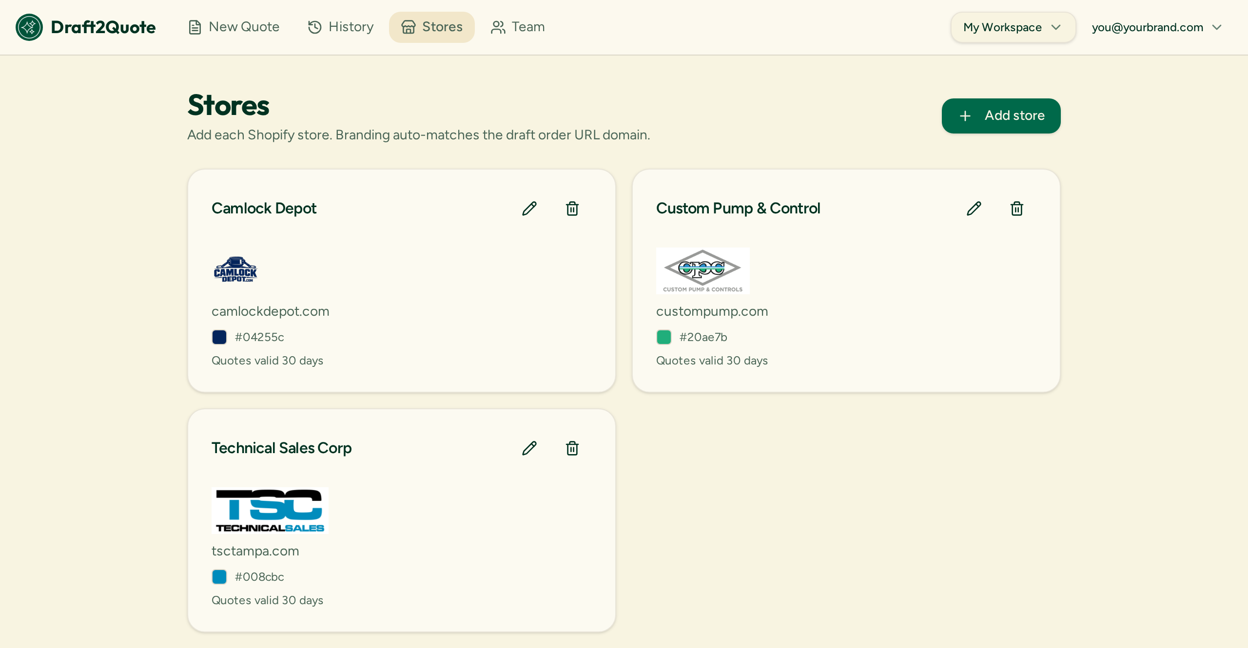 Stores screen showing multiple Shopify stores with logos, domains and brand colors