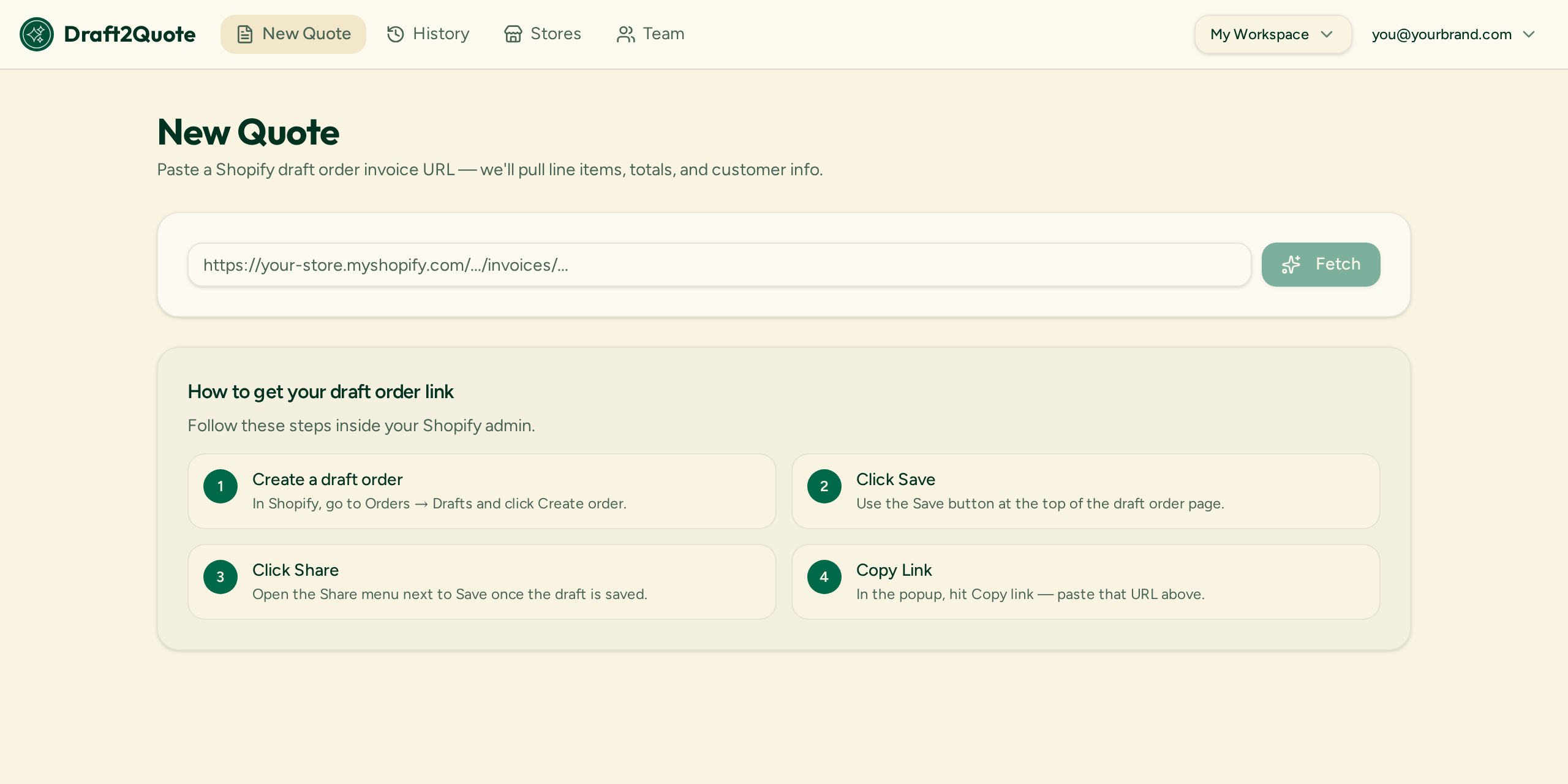 Draft2Quote New Quote screen with a Shopify draft order URL field and step-by-step instructions